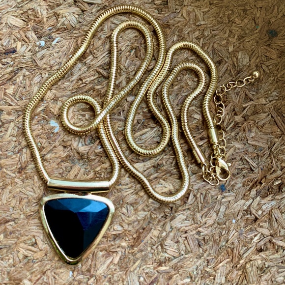Gold Tone Snake Chain - Black Triangle Pendant Necklace. - Picture 2 of 8